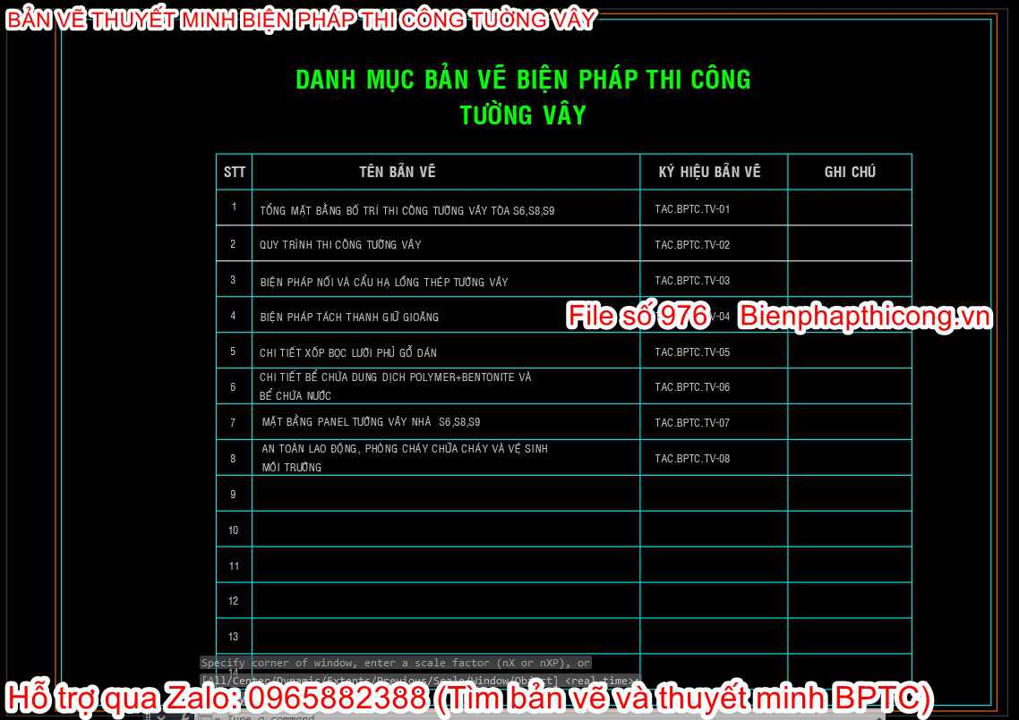 Danh mục bản vẽ biện pháp thi công tường vây.