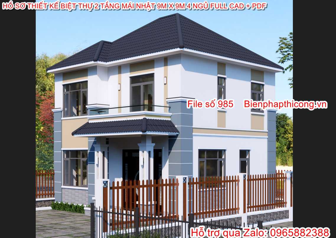 Ảnh 3D mặt tiền biệt thự 2 tầng mái nhật 4 ngủ.