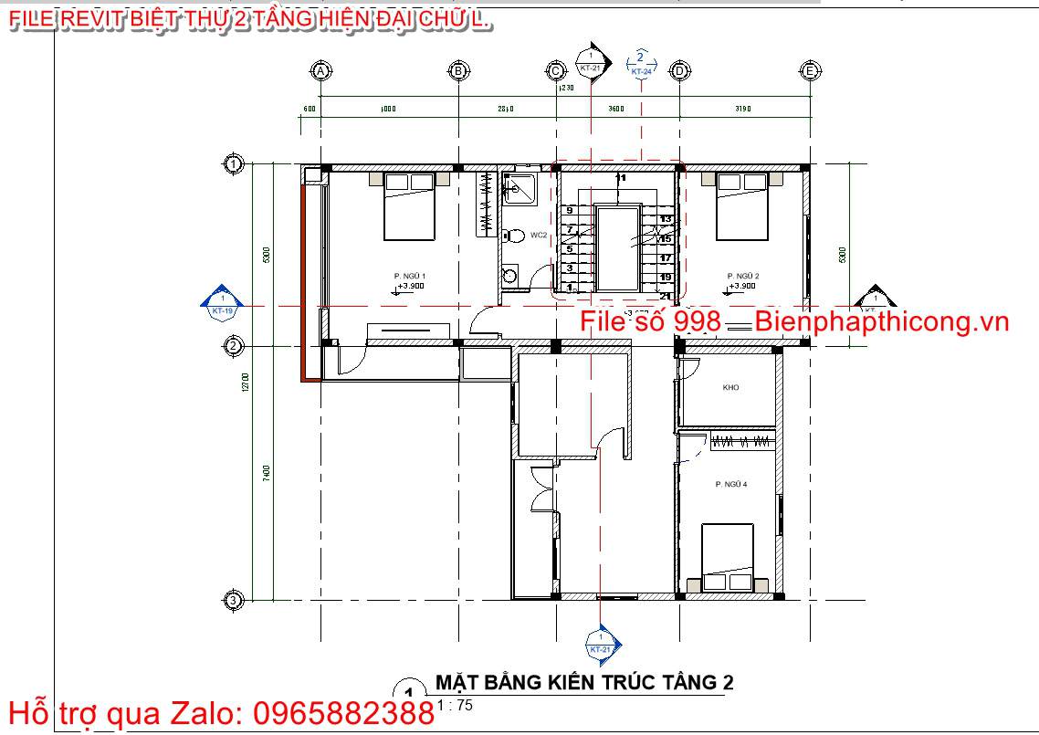 Bản vẽ mặt bằng tầng 2 biệt thự 2 tầng chữ L revit.