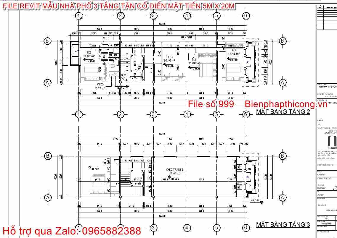 Mặt bằng tầng 2 và 3, nhà phố 3 tầng tân cổ revit.
