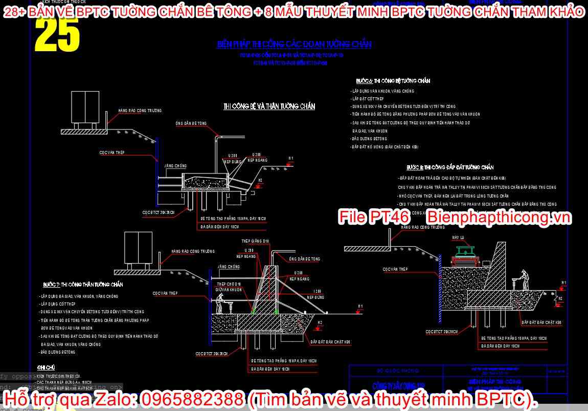 File cad bản vẽ biện pháp thi công tường chắn.