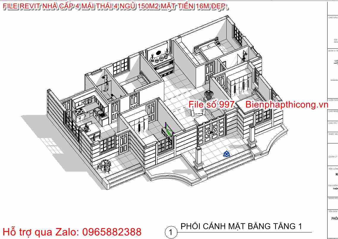 3D phối cảnh mặt bằng nội thất nhà cấp 4 file revit.