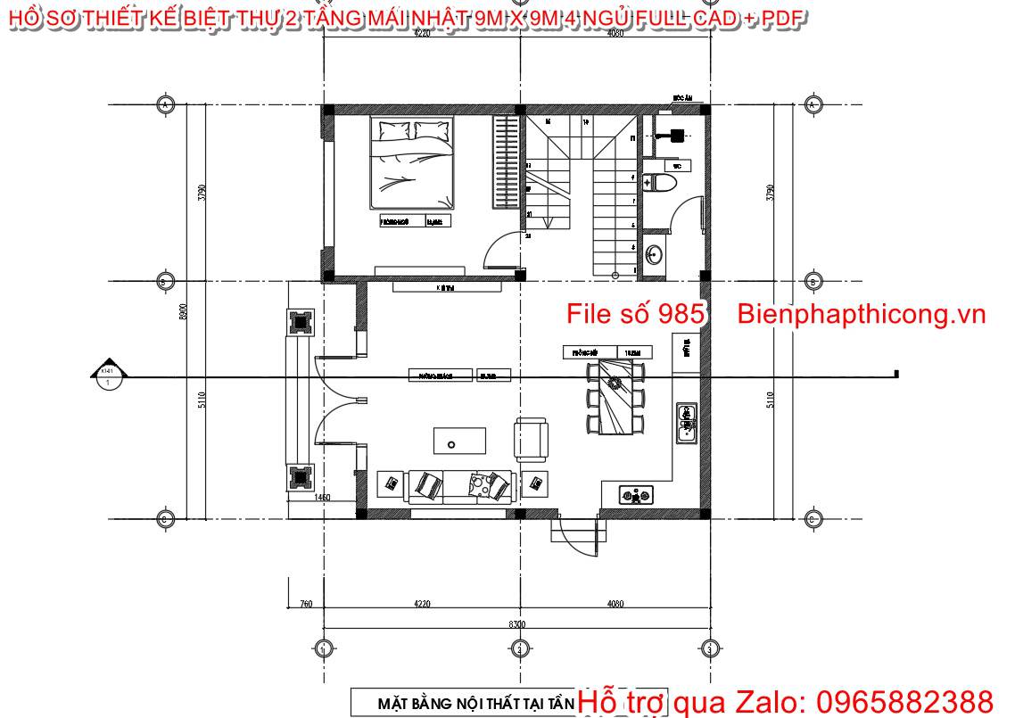 Mặt bằng tại tầng 1 biệt thự 2 tầng.