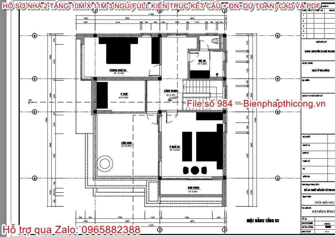 Mặt bằng tầng 2 biệt thự 2 tầng 3 ngủ hiện đại.