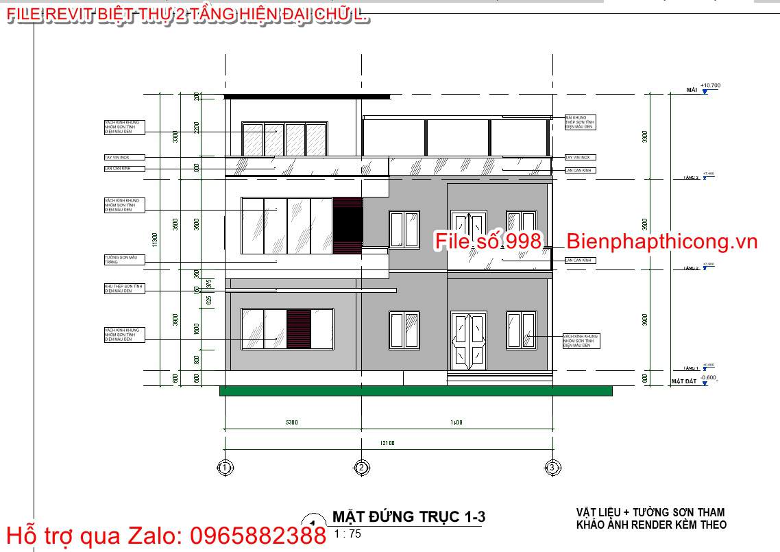 Bản vẽ mặt tiền biệt thự 2 tầng revit.