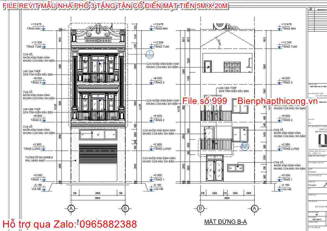 Mặt đứng nhà phố 3 tầng revit.