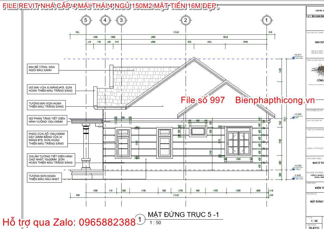 Bản vẽ mặt đứng nhà cấp 4 mái thái revit.