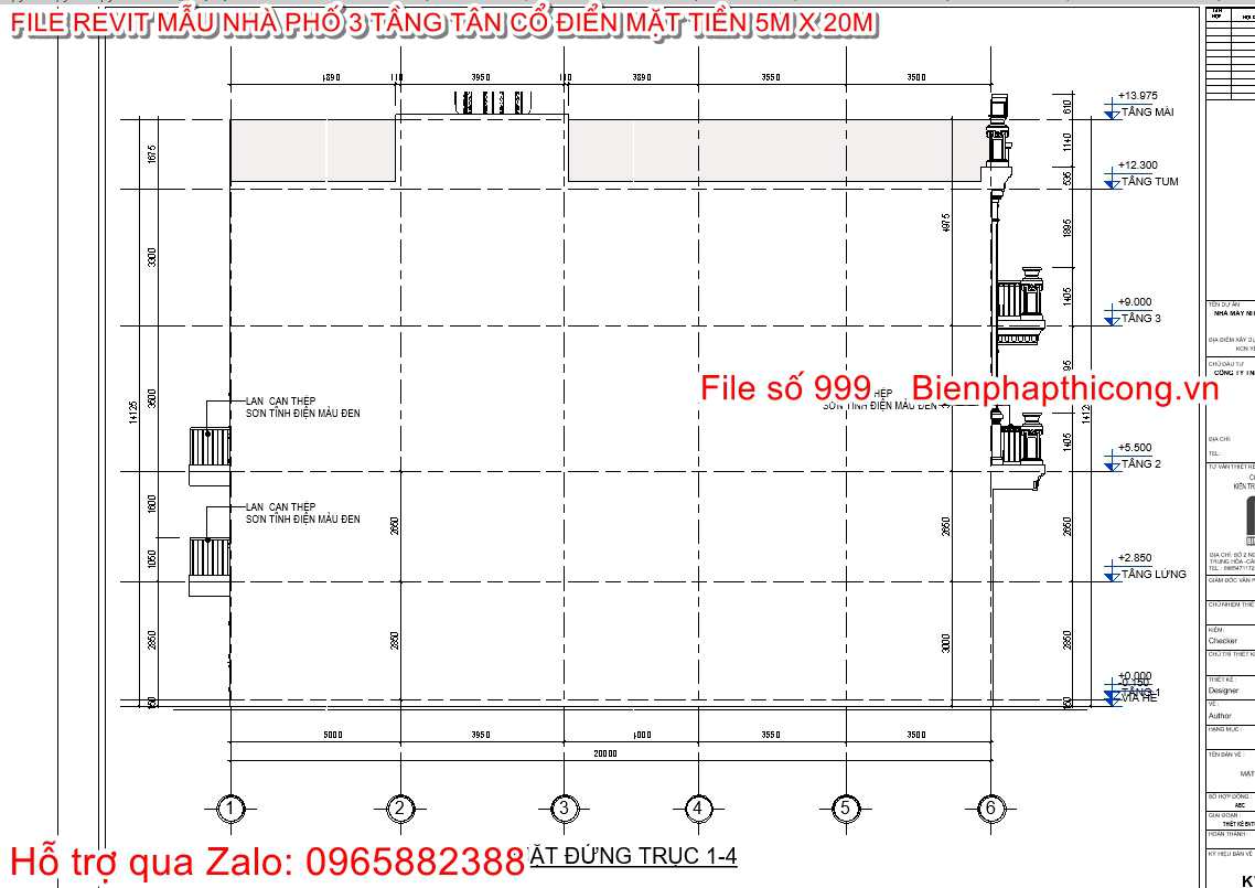 Mặt đứng nhà 3 tầng revit.