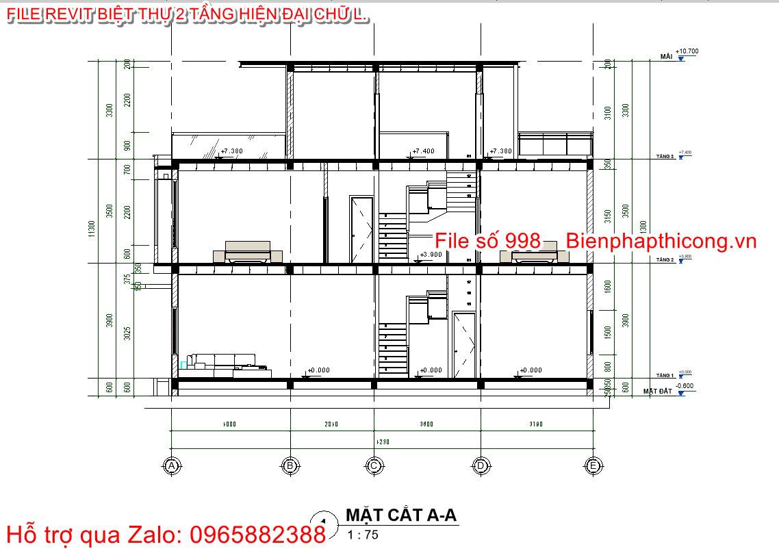 Bản vẽ cad thiết kế mặt cắt biệt thự 2 tầng revit.