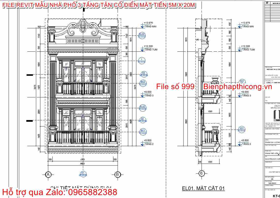 Mặt đứng chi tiết tân cổ revit.