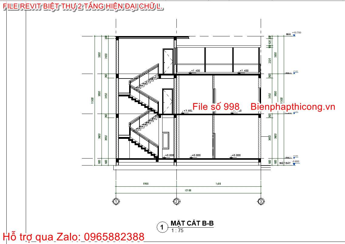 Bản vẽ mặt cắt biệt thự 2 tầng chữ L.